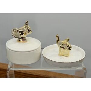 Elephant Jewelry Box and Trinket Dish Ring Holder White With Metallic Gold Set 2